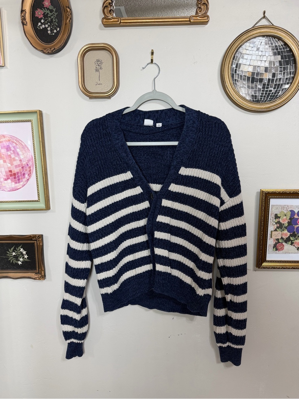 Striped Navy and White Women’s Sweater Cardigan